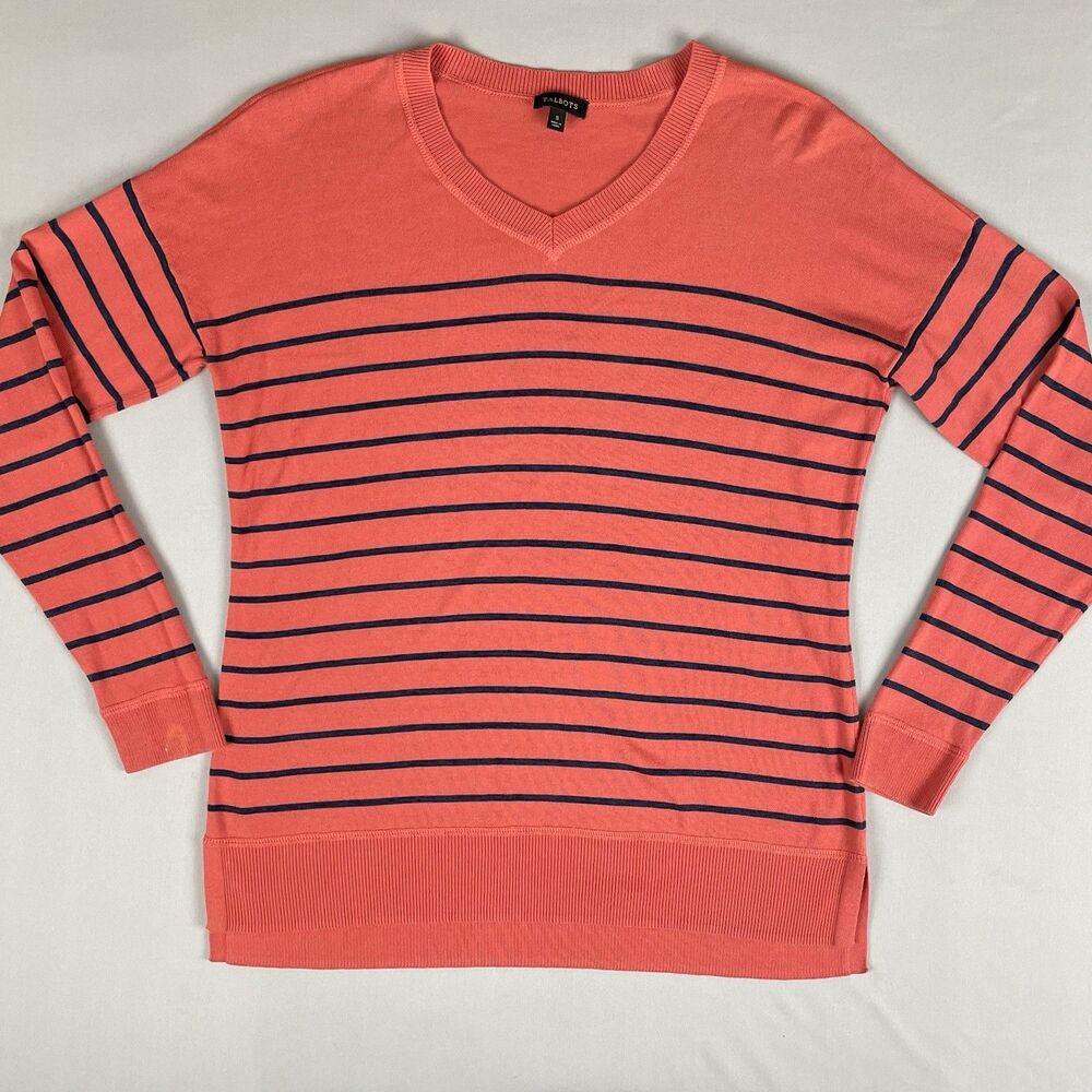 Talbots V-Neck Lightweight Striped Sweater Long Sleeves Women's SM Orange Navy